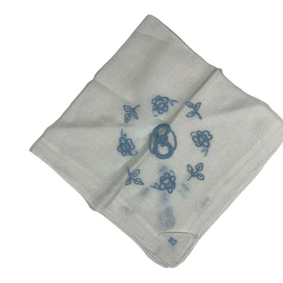 Unbranded Accessories - Vintage Personalized Handkerchief Hankie Embroidered Blue Flowers  “E” Monogram